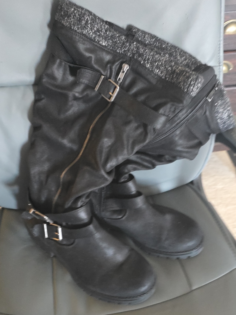 torrid Black Tall Buckle Heeled Boots with Knit Trim